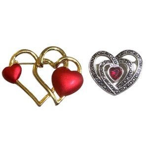 2 Heart Brooches, Pins, Gold, Silver, Red Crystal, Hearts, Vintage, Like New